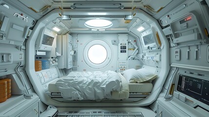 Poster - Space habitat module interior, ambient zero-g light, first-person, living off-planet 