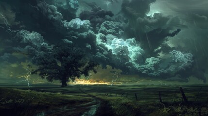 Poster - Thunderclouds gathering ominously, casting an eerie shadow over the landscape as darkness descends.