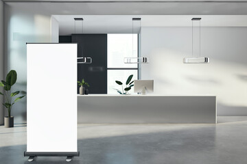 Poster - Modern luxury office reception with empty white mock up poster, window and city view. 3D Rendering.