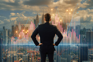 Poster - Back view of young businessman looking at creative growing forex chart on blurry city background. Trade, finance and stock concept.