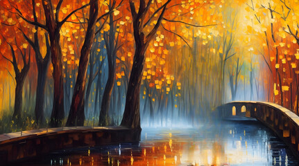 Wall Mural - Beautiful autumn landscape with colorful trees in the park. Digital painting