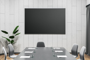 Poster - Modern meeting room interior with furniture and empty black mock up poster on wall. 3D Rendering.