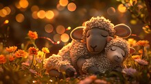 A Heartwarming Depiction Of A Sheep Cuddling A Plush Toy Version Of Itself, Surrounded By Flowers And Twinkling Lights In Celebration Of Bakra Eid