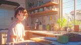 Fototapeta Zwierzęta - young anime girl happy cooking in clean kitchen