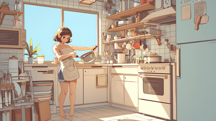 Poster - young anime girl happy cooking in clean kitchen