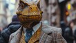© Дмитрий Симаков - Sophisticated dinosaur roams city streets in tailored splendor, epitomizing street style. The realistic urban setting captures the prehistoric charm seamlessly merged with contemporary fashion allure