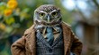 Elegant owl perches on city streets in tailored splendor, epitomizing street style. The realistic urban setting captures the avian charm, seamlessly merging nocturnal allure with contemporary fashion 