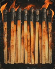 Wall Mural - Matches burning intensely against a dark background.