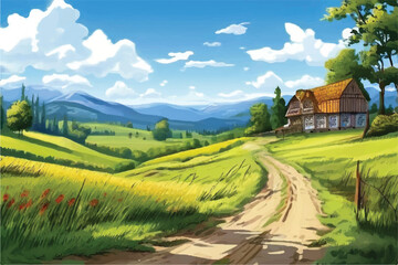 Wall Mural - Beautiful Farm landscape illustration. Rural landscape with field, trees, grass and agricultural fields. Environmentally friendly area with blue sky and clouds. Road to a farm.