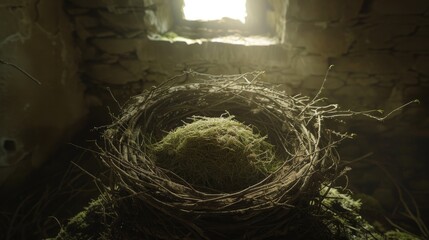 Wall Mural - Close-up of an empty bird's nest made from twigs.