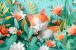 3D illustration of very cute kitten and summer flowers.