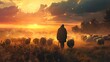 A shepherd guiding his flock of sheep through a rustic countryside, the sunset casting warm hues over the landscape