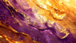 Liquid gold and purple metallic dynamic glossy fluid abstract luxurious background. Shiny melted metalic splash.