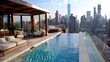 Modern urban rooftop pool deck with infinity pool, cabanas, and city skyline views.