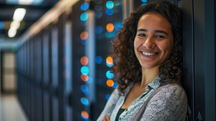 Aufkleber - A happy smiling professional woman, technician, Engineer, Programmer, IT specialist, Analyst in the server room. Software, cybersecurity, digital code, information and communication technology concept