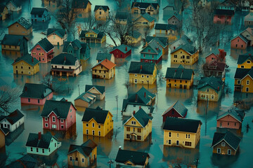 Naklejka na meble An aerial view of a residential area in Florida, USA, partially submerged in floodwaters after a flood.

