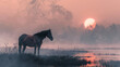 Brown horse standing by a lake at misty sunrise