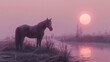 Majestic brown horse stands beside misty lake at sunrise