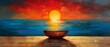 Sunset Seascape Boat Reflection Ocean Horizon Warm Colors Artistic Painting