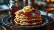 Indulging in a delicious breakfast of fluffy pancakes, smothered in sweet syrup and topped with melting butter. AI.