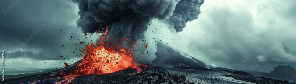 Volcanic eruption with lava and ash plume, powerful natural event ...