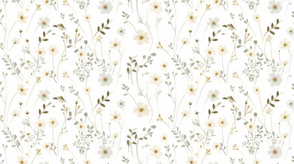 Wall Mural - A seamless pattern with cute little chamomile flowers, leaves and branches in a simple and minimalistic style. The pattern is suitable for printing on fabric, paper, etc.