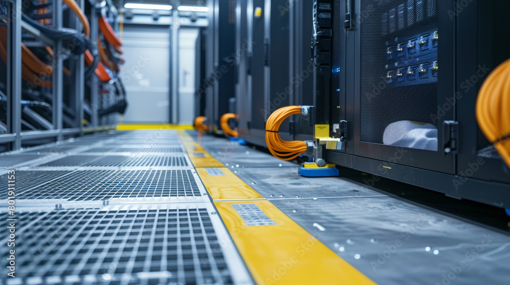 Detailed photo of a raised floor in a datacenter, showing suction tools ...