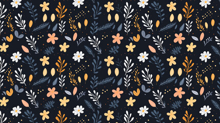 Wall Mural - A seamless pattern with cute hand drawn flowers and leaves on a dark blue background.