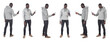 line of a group of same man holding a smartphone on white background