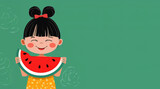 Fototapeta Kuchnia - Happy little girl with bun hairstyle holding fresh juicy watermelon slice on a green background. Copy space. Children's book cover.