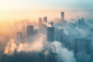 Wall Mural - A city skyline on a smoggy day, with skyscrapers shrouded in fog, and low visibility.

