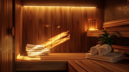 A cozy sauna room with soft lighting and a stack of towels inviting individuals to use it as a tool for better sleep..