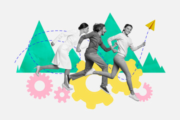 Aufkleber - Collage artwork image of funny people running fast work career competition challenge isolated on creative background