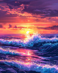 a painting of a sunset over the ocean with waves crashing on the shore