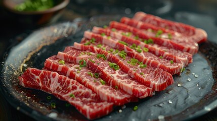 Wall Mural - In the center of the frame is a table, on which there is A plate of sliced beef, delicately plated, with a clear texture of the beef, red and white, looks appetizing, The picture has depth of field