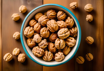 Poster - A bowl of walnuts on a wooden table 