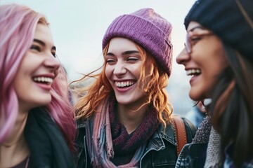 young pretty teenage hipster girls outdoors happy smiling having fun, lifestyle people concept