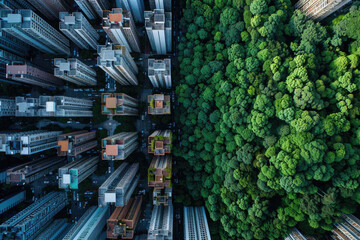 A modern city green concept where skyscraper balconies are adorned with lush green plants.

