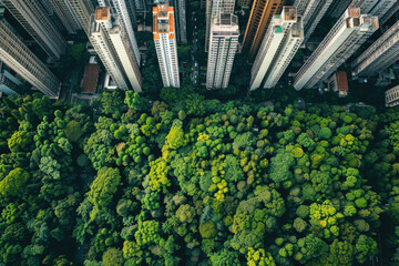 Poster - A modern city green concept where skyscraper balconies are adorned with lush green plants.

