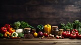 Fototapeta Niebo - Choosing nutritious cuisine against a rustic wooden backdrop