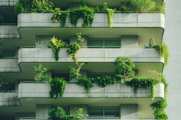 Wall Mural - A modern city green concept where skyscraper balconies are adorned with lush green plants.

