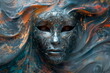 Metallic masks with intricate designs and hidden faces, against a background of swirling colors and textures. Mysterious
