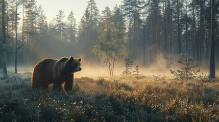 Wall Mural - Portrait of a bear standing in the middle of a foggy forest under the sunlight in the morning
