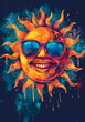 A sun with a smiling face wearing sunglasses and surrounded by a splash of sunbeams.