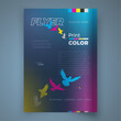 Flyer CMYK Print Polygraphy theme Cover colored birds fly motion. Design template vector