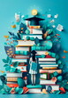 A person surrounded by books, with various symbols of education and learning, such as a graduation cap and a lightbulb