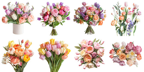 Pastel Rose and tulip png collection 3d transparent for product presentation.