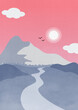 Krajobraz górski z drogą wśród pagórków podczas słonecznego dnia. Ilustracja w stylu retro vintage z różowym niebem. 