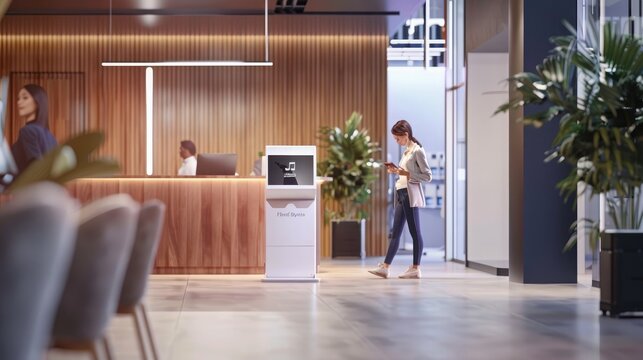 Office receptionist greeting visitors with a digital check-in system