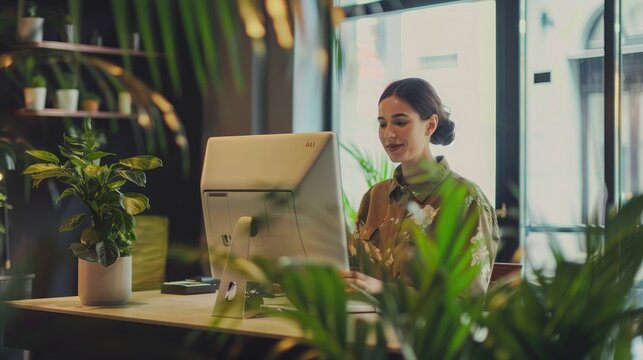 Office receptionist greeting visitors with a digital check-in system